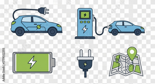Illustration showing electric vehicle charging, battery, plug, and map ecofriendly transportation and sustainable energy concept