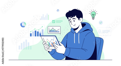 Analyst Assessing Data Charts on Tablet, Displaying Business Statistics and Strategies