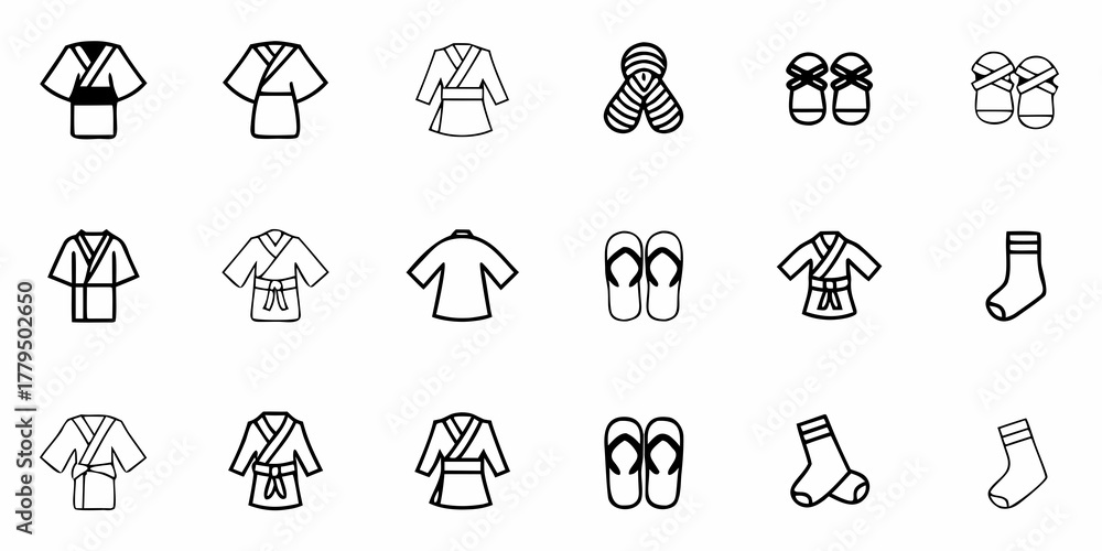 Fototapeta premium Collection of outline drawings depicting traditional japanese clothing and footwear in simple line art style