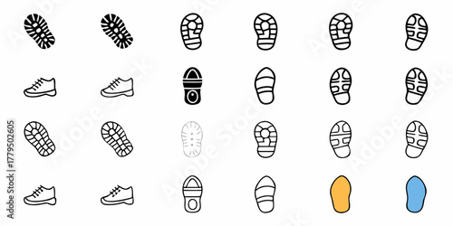 Collection of various shoe prints and shoe icons arranged in a grid pattern on a white background