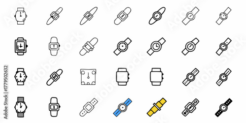 Illustration of various wrist watches and watch bands in a grid pattern on a white background