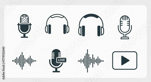 This vector illustration features a collection of podcasting icons, including microphones, headphones, sound waves, and a play button