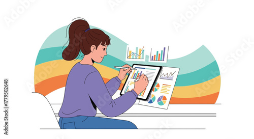 Analyzing Data And Charts On A Tablet, Businesswoman Compiling Digital Statistics
