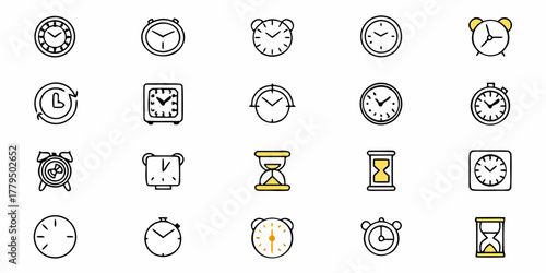 Collection of various clock and hourglass icons depicting time management and measurement devices shown here