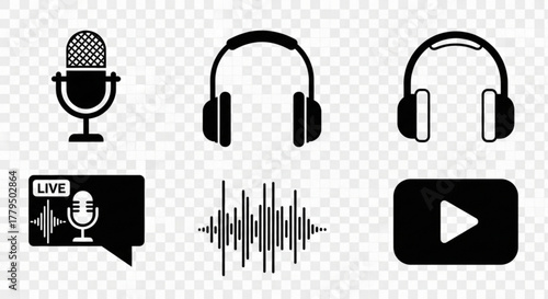 This vector illustration features a collection of podcasting icons, including microphones, headphones, sound waves, and a play button