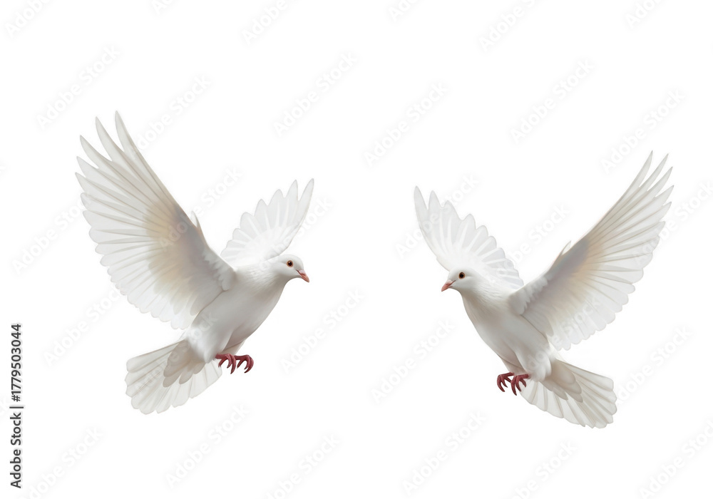 Obraz premium Two white doves flying gracefully in the air isolated on transparent background