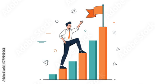 Business Person Climbing Success Stairs Reaching The Flag Symbolizing Achievement
