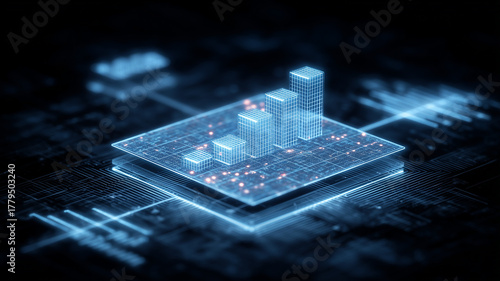 Holographic bar chart emerging from a microchip platform, representing scalable analytics and operational efficiency.
