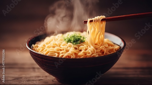 Steaming Bowl of Noodles Stirred with Chopsticks Surrounded by a Warm and Cozy Atmosphere