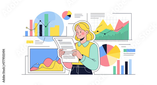 Businesswoman Analyzing Financial Data Statistics Charts and Reports with Colorful Illustrations