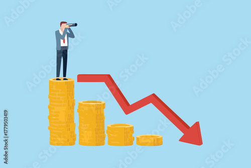 Businessman with spyglass on stack of coins looking at downward trending red arrow representing financial loss