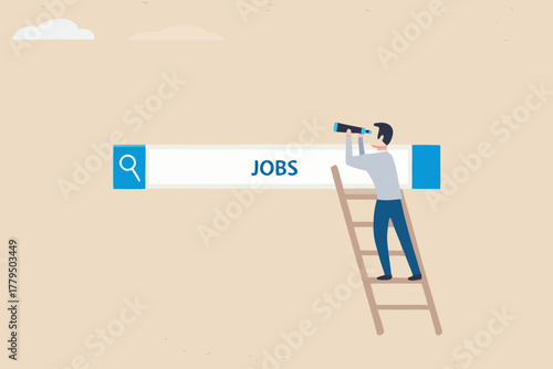 Man on ladder looking through telescope at search bar with the word jobs symbolizing career search and opportunity
