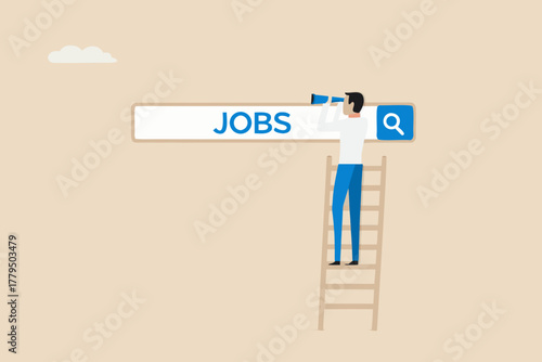 Man climbing ladder to search for jobs online with telescope and search bar