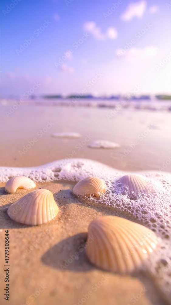 Obraz premium Ethereal Beach Scene: Scallop Shells Washed by Seafoam Against a Lavender Sunset Sky