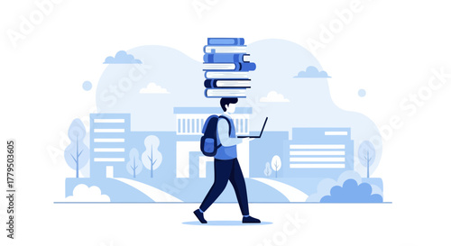 College Student Balancing Academics With Books and Laptop Walking on Campus