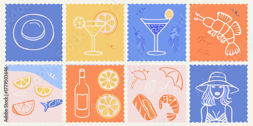 Collage of summer vacation icons including cocktails seafood fruit beach scenes and a woman in a hat