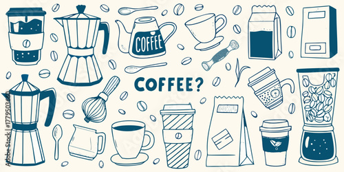 A whimsical hand drawn collection of coffee related items and ingredients for your morning brew