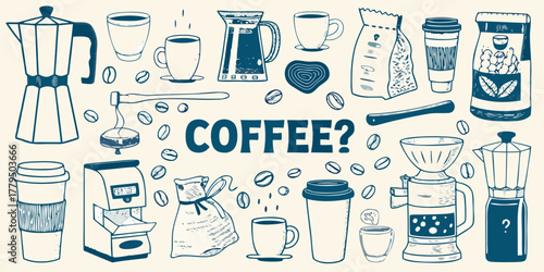 A collection of hand drawn coffee related items and the word coffee in a playful doodle style