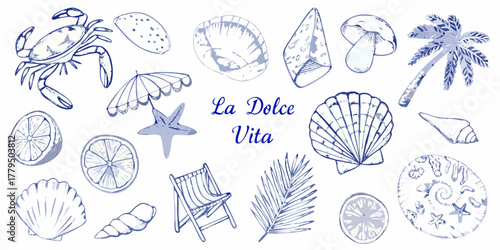 La dolce vita collection of hand drawn beach elements and tropical icons in blue ink