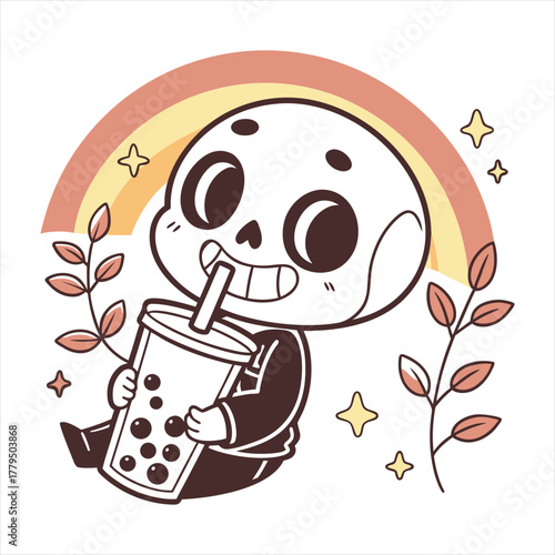Cute kawaii skeleton enjoying a boba tea under a rainbow