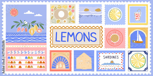 Collection of charming colorful postage stamps featuring lemons sardines and summer vacation motifs