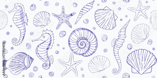 Seamless pattern of hand drawn blue seahorses seashells starfishes and bubbles on white background