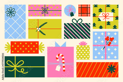 Christmas present boxes. Cartoon gift packaging with bows and ribbons, New Year holiday surprise decoration wrapping, colorful winter celebration ornaments. Vector set