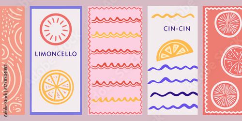 Abstract citrus fruit illustrations with limoncello and cin cin text in pastel colors
