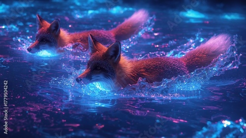 Ethereal Foxes Gracefully Swim Through Luminous Blue and Pink Waters