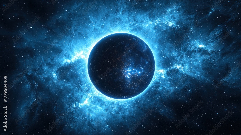 Fototapeta premium Glowing planet surrounded by swirling nebula and stars, deep blue color scheme