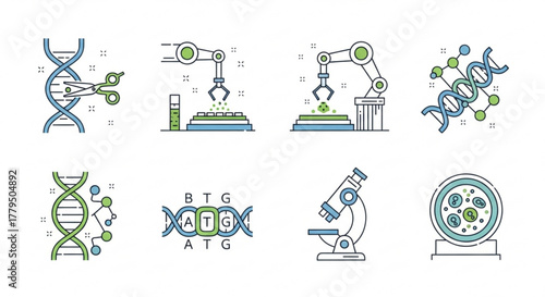 Genetic engineering and biotechnology icons includes dna manipulation, robotic arms, microscope, and cellular analysis for scientific research