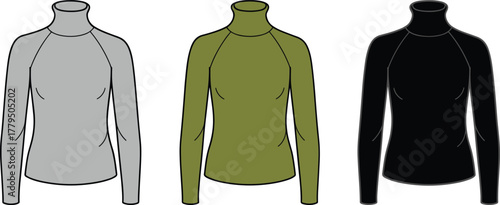 Vector illustration of three women’s fitted long-sleeve tops with high necklines and raglan sleeves in gray, olive, and black.