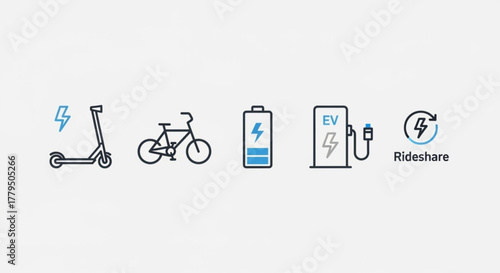 Illustration of a scooter, bicycle, battery, charging station, and rideshare icon clean energy and transportation concept ecofriendly mobility