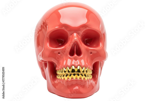 Red skull with gold teeth isolated PNG, glossy human cranium with golden dental implants on transparent background, Halloween