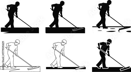 Silhouette workers using squeegee tools, surface coating, manual labor, construction task, vector illustration, black and white posture icons