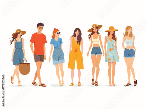 Colorful summer outfit collection in flat vector style