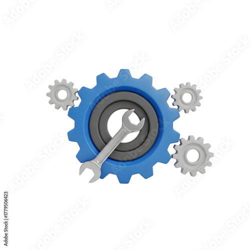 Blue and gray gears with a wrench isolated on transparent background