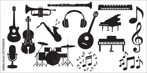 Music Instrument Silhouettes on White Background Vector Fully Editable Smart Object Text Effect