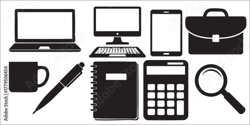 Office Equipment and Stationery Silhouettes on White Background Vector Fully Editable Smart Object Text Effect