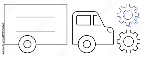 Minimalistic truck outline paired with two gears, symbolizing transportation systems. Ideal for logistics, delivery services, automation, process optimization, supply chain, technology integration