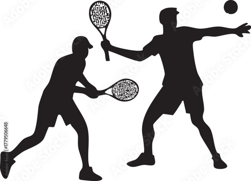 Tennis Player Silhouettes on White Background Vector Fully Editable Smart Object Text Effect