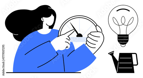 Woman interacting with a speedometer to convey progress and control alongside lightbulb and watering can as symbols for creativity, inspiration, and nurturing growth. Ideal for innovation