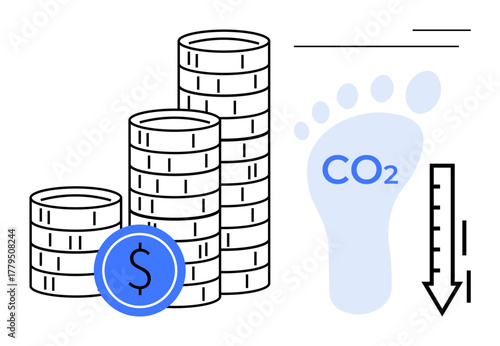 Stacks of coins with a dollar sign coin, a carbon footprint labeled CO2, and a downward arrow. Ideal for sustainability, finance, eco-friendly economics, climate action, carbon reduction, green