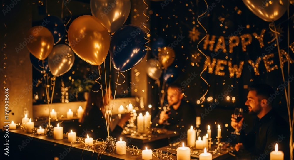 Obraz premium Happy New Year Celebration with Candles and Balloons.
