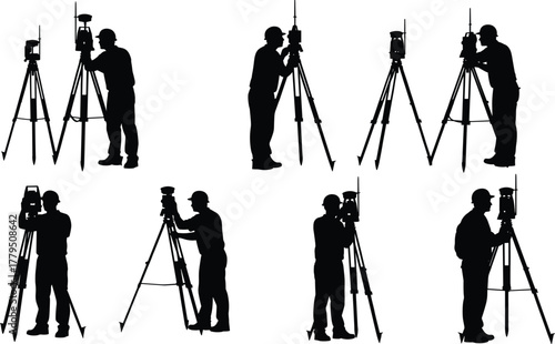 Surveyor silhouettes with tripod equipment, land measurement poses, geodetic tools, construction site workers, theodolite usage, engineering fieldwork, black illustrations