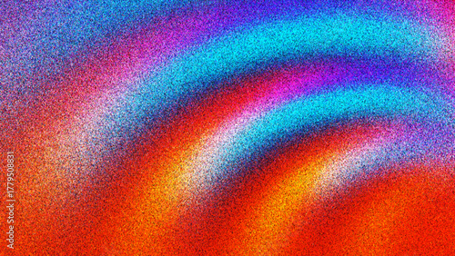 Abstract grainy gradient with hot summer tones of red orange blue forming vivid wavy textures created from thousands of individual dots. Hot gradient texture with film grain effect for creative visual
