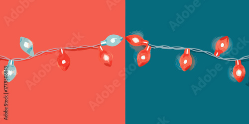 Festive string lights with red and blue bulbs on a split background creating a modern holiday design