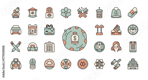 Collection of colorful vector icons representing various objects and concepts, including travel, sports, education, and technology