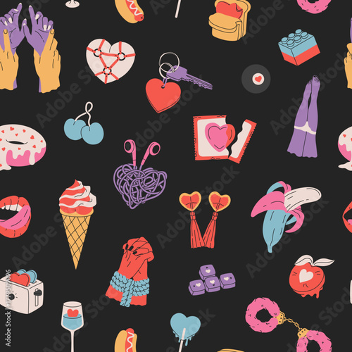 Cartoon seamless pattern with romantic elements. Vintage modern background for Valentines Day and Love. Minimalist concept of passion, desire, intimate moment for print, wrapping paper, fabric