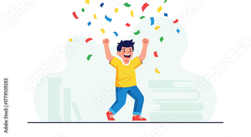 Excited Boy Celebrating Joyfully Underneath Falling Colorful Confetti Illustration